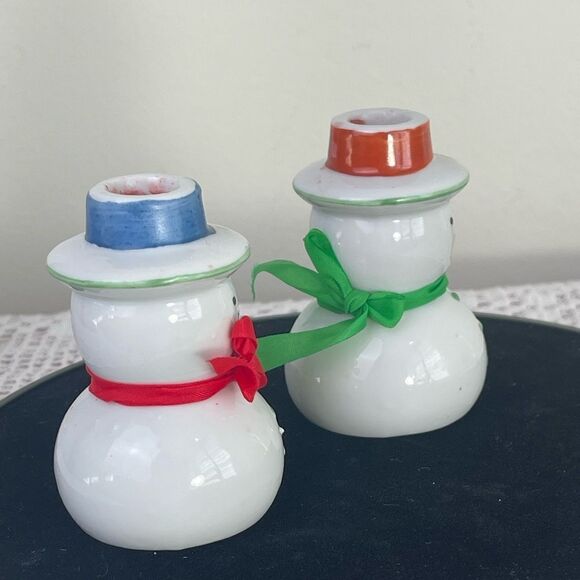 Set of 2 || Vintage ceramic candle stick holders || Snowmen candle holders - Picture 6 of 9